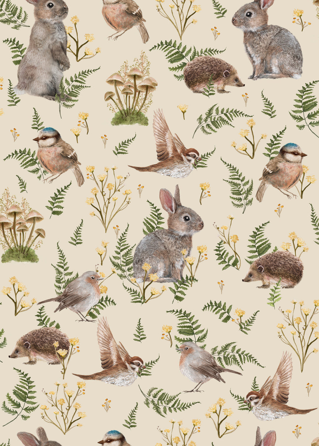 Summer Gray Birds & Bunnies Wallpaper Birds and Bunnies Ecru - Hola BB